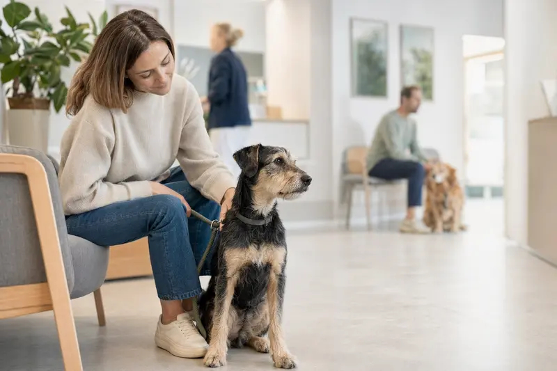 Ein Kobe-Terrier sitzt ruhig neben seinem Besitzer im hellen Wartezimmer einer modernen Tierarztpraxis.